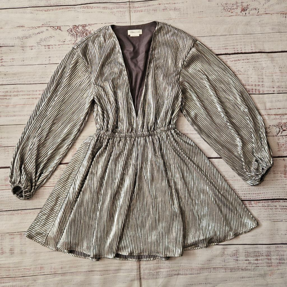Lovers & Friends Huron Mini Dress Pleated New Year Metallic Silver Party XS